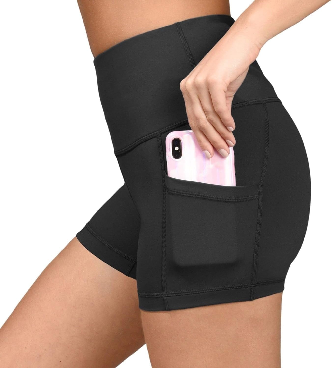 High Waisted Squat Proof Workout Shorts Side Pocket Running Biker Shorts -