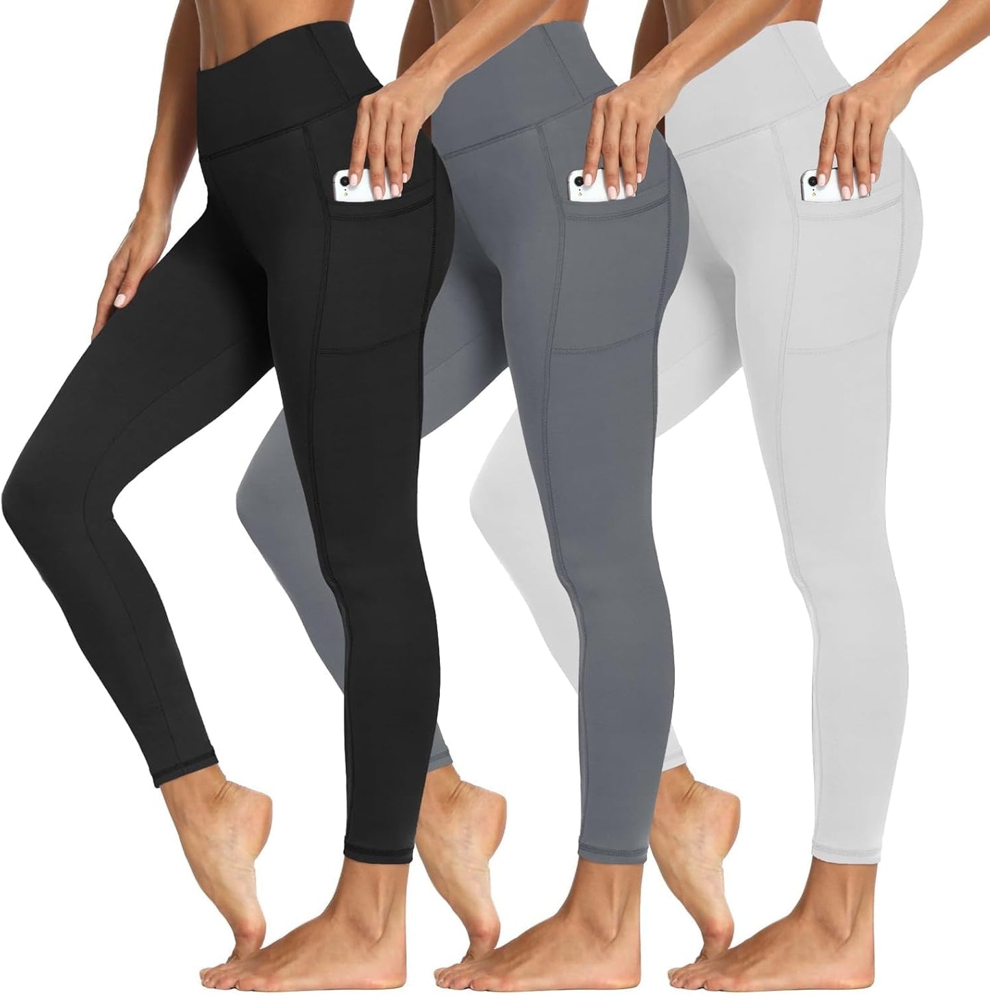 3 Packs Leggings with Pockets for Women, Soft High Waisted Tummy Control Workout Yoga Pants