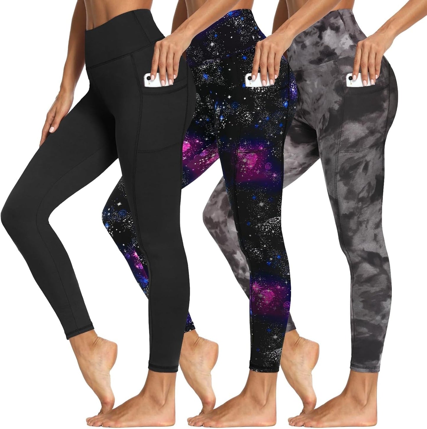 3 Packs Leggings with Pockets for Women, Soft High Waisted Tummy Control Workout Yoga Pants