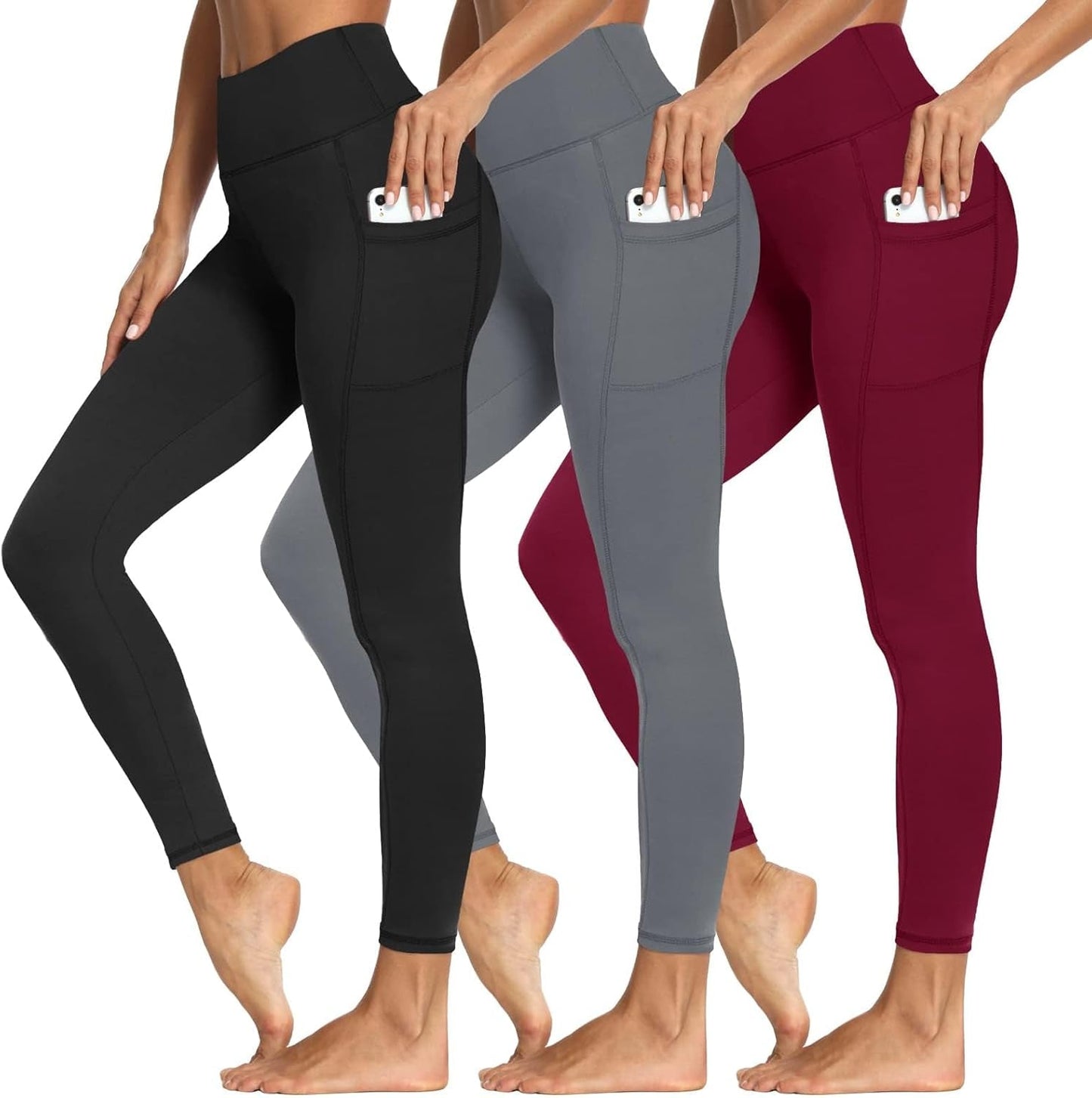 3 Packs Leggings with Pockets for Women, Soft High Waisted Tummy Control Workout Yoga Pants
