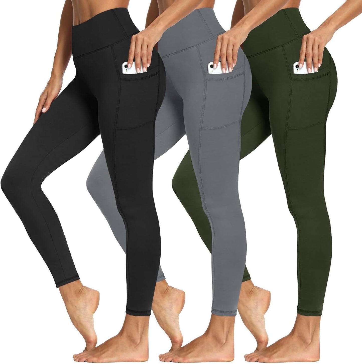 3 Packs Leggings with Pockets for Women, Soft High Waisted Tummy Control Workout Yoga Pants