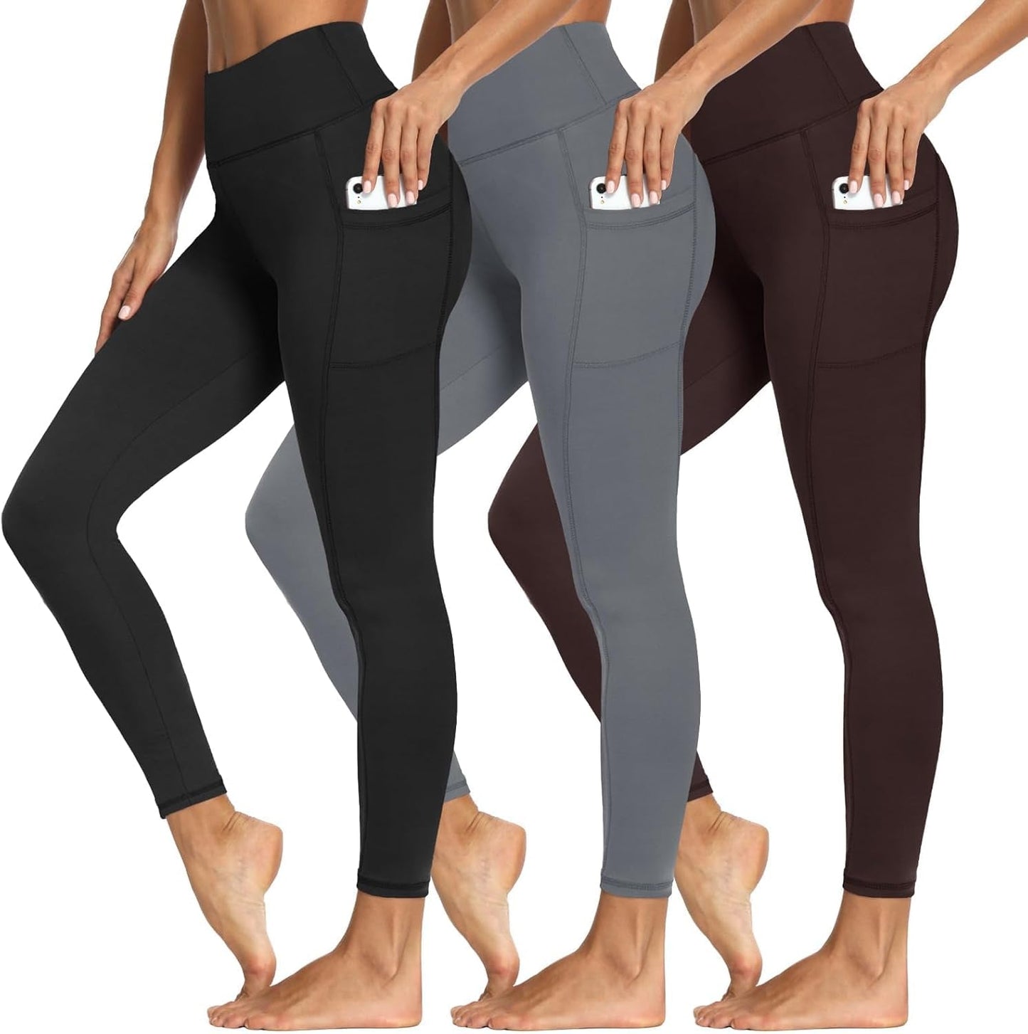 3 Packs Leggings with Pockets for Women, Soft High Waisted Tummy Control Workout Yoga Pants