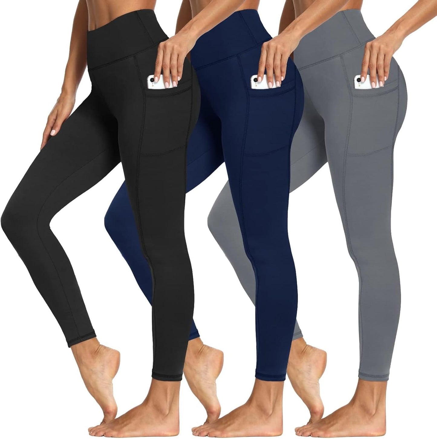 3 Packs Leggings with Pockets for Women, Soft High Waisted Tummy Control Workout Yoga Pants