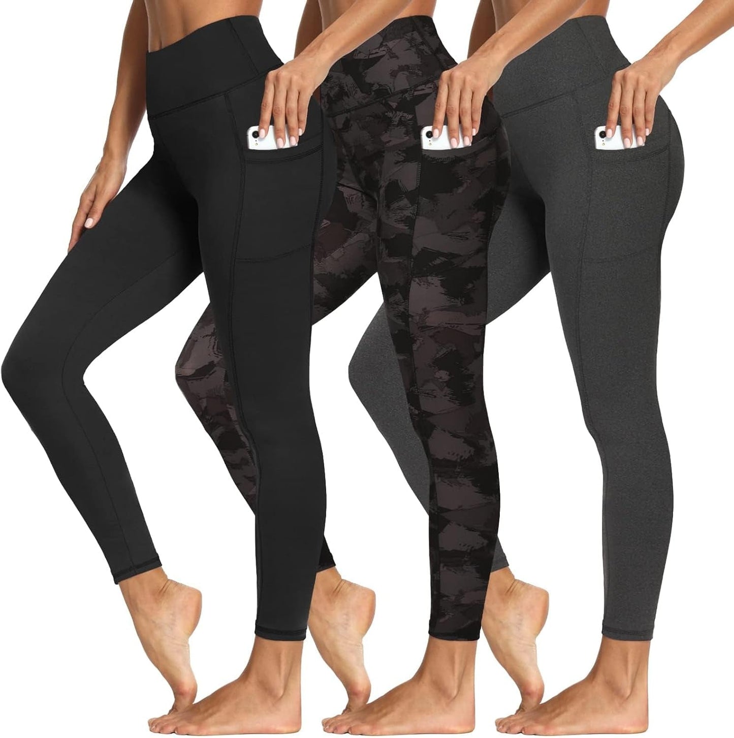 3 Packs Leggings with Pockets for Women, Soft High Waisted Tummy Control Workout Yoga Pants